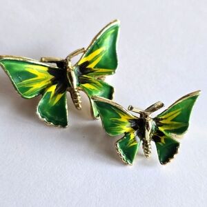 Vintage butterfly pin green enamel gold tone big and small bug insect pin set